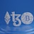 Symbols of Ethereum, Tezos, and Bitcoin are depicted using small white spheres on a blue, tiered platform, creating a modern and digital aesthetic.