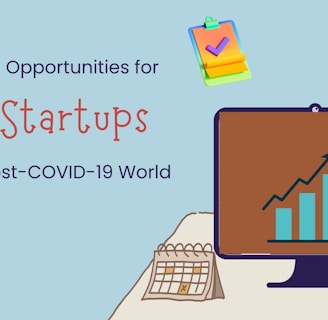 A graphic with text reading 'Exploring Opportunities for D2C Startups in the Post-COVID-19 World.' It features a target with an arrow, a computer monitor displaying an upward graph, a calendar, a rocket icon, and a clipboard with colorful sticky notes.